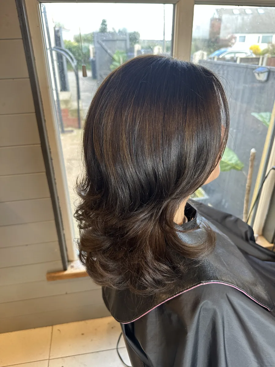 Rich, glossy dark brunette in a soft, flicked bob