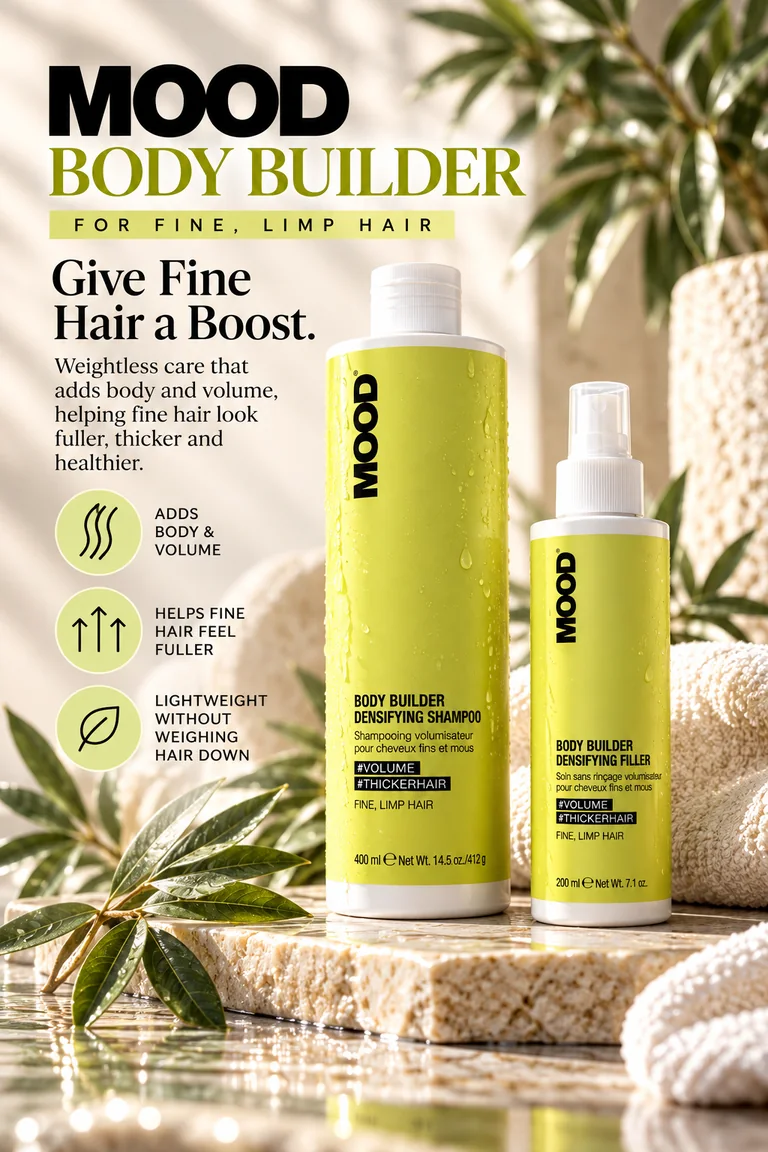 MOOD Body Builder range: densifying shampoo and densifying filler, for fine, limp hair