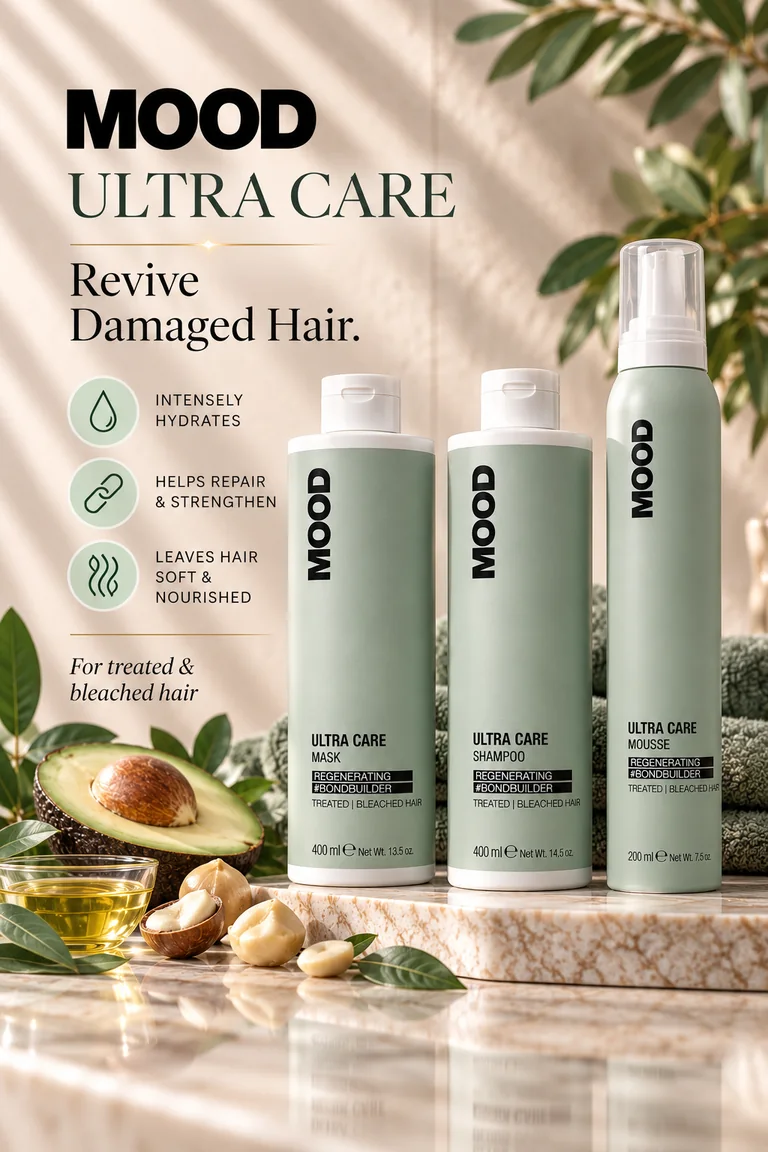 MOOD Ultra Care range: mask, shampoo and mousse, for treated & bleached hair