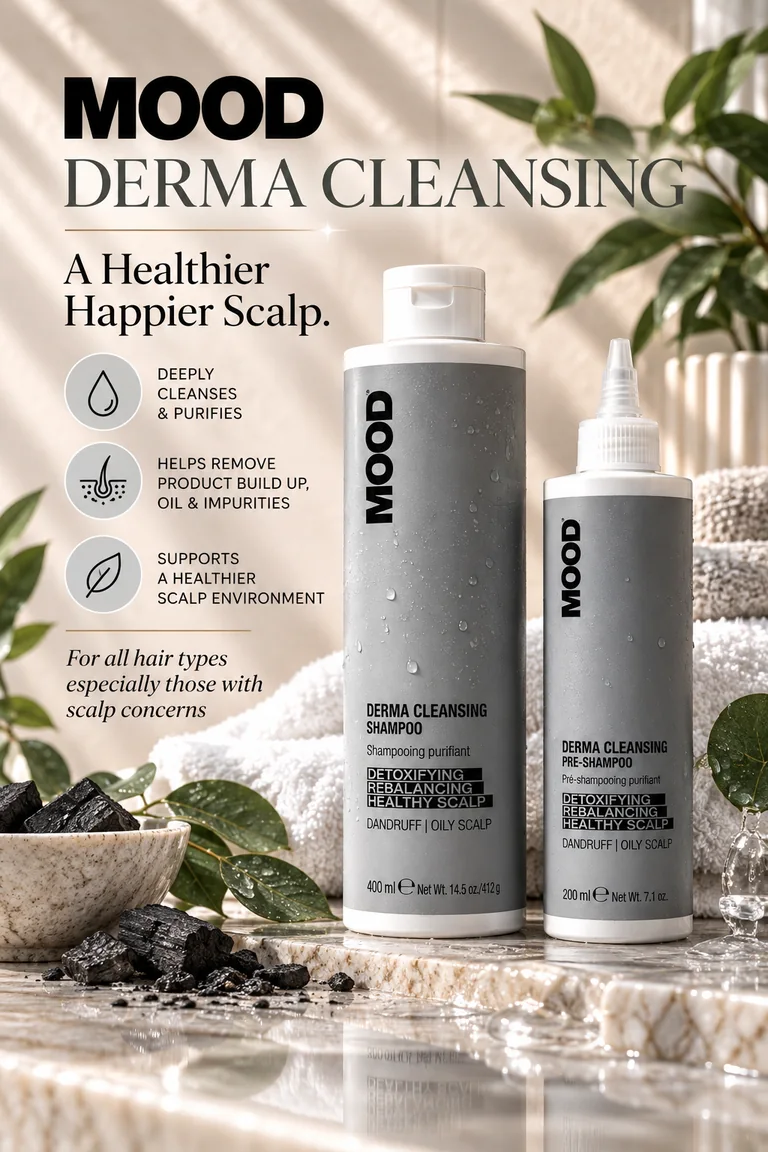 MOOD Derma Cleansing range: shampoo and pre-shampoo, for scalp concerns, all hair types