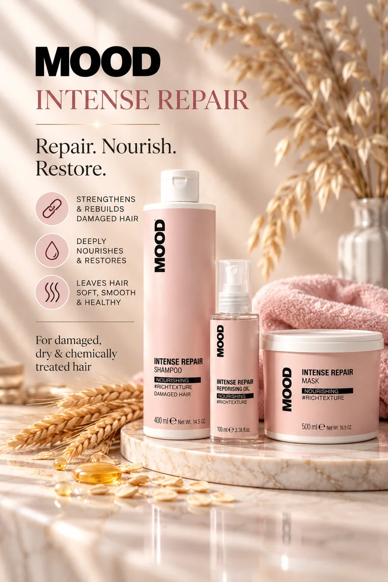 MOOD Intense Repair range: shampoo, reparising oil and mask, for damaged, dry & chemically treated hair