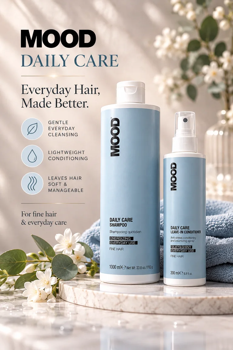 MOOD Daily Care range: shampoo and leave-in conditioner, for fine hair & everyday care