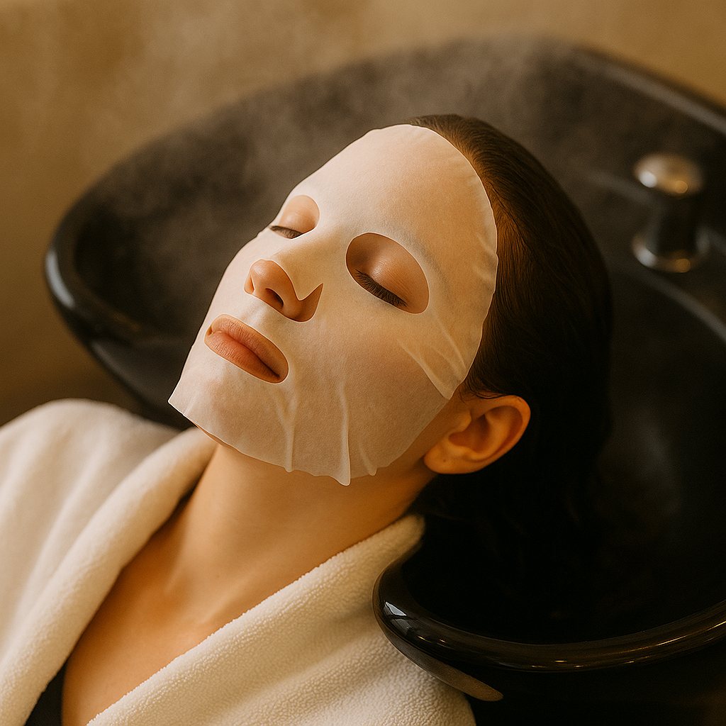 A client relaxing with a collagen face mask and gentle steam