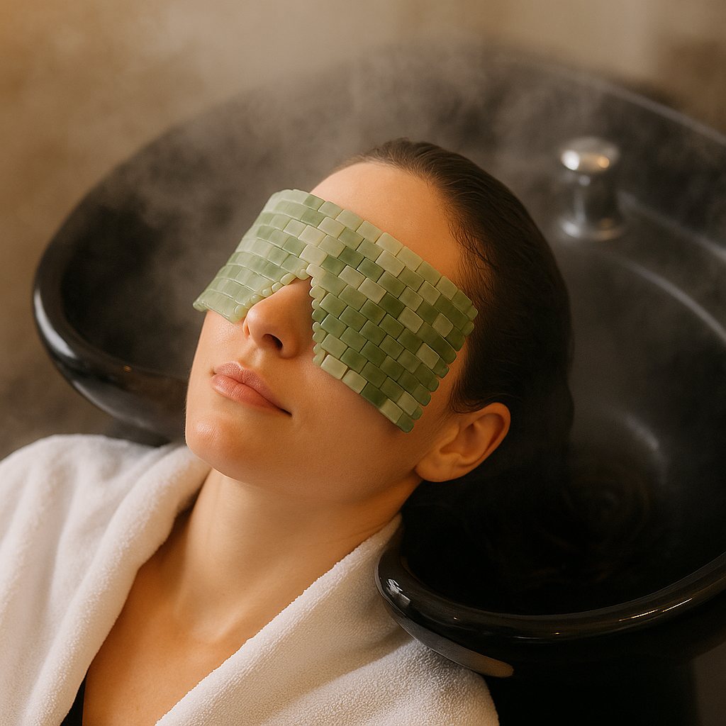 A client relaxing with a cooling jade eye mask during a Crown Ritual