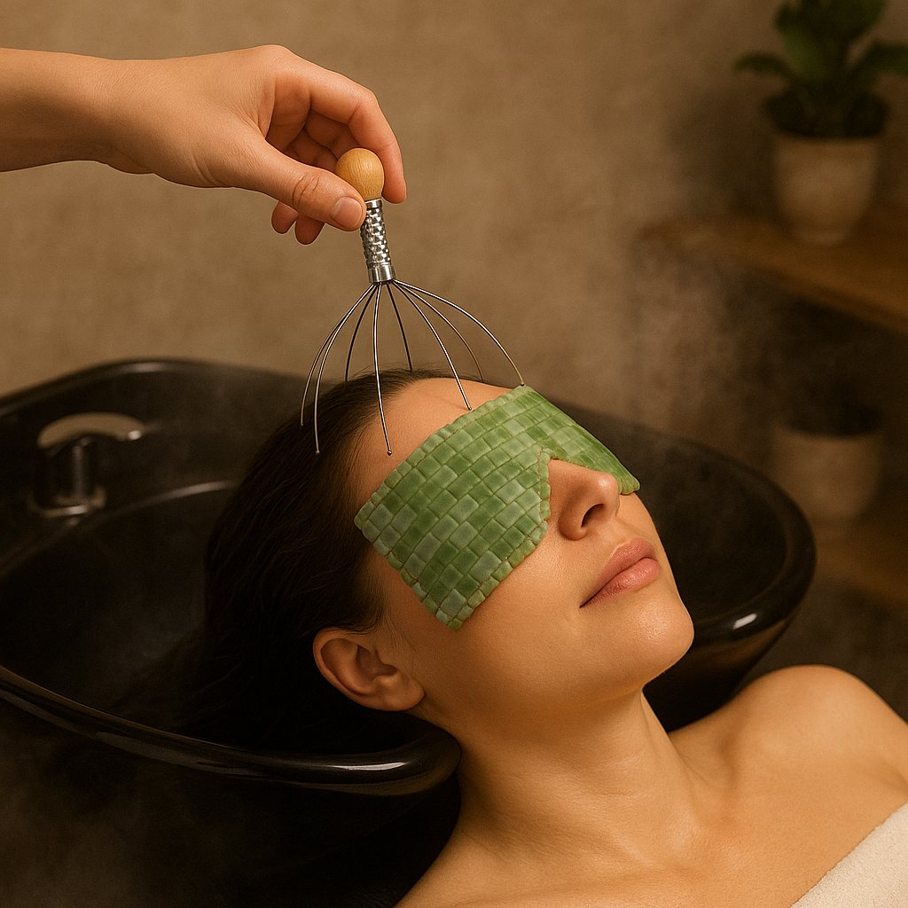 A client relaxing with a scalp massage tool and jade eye mask
